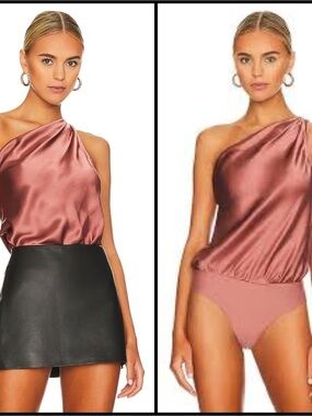 CAMI NYC Darby Silk Charmeuse Bodice Rose One-Shoulder Draped Bodysuit Top XS